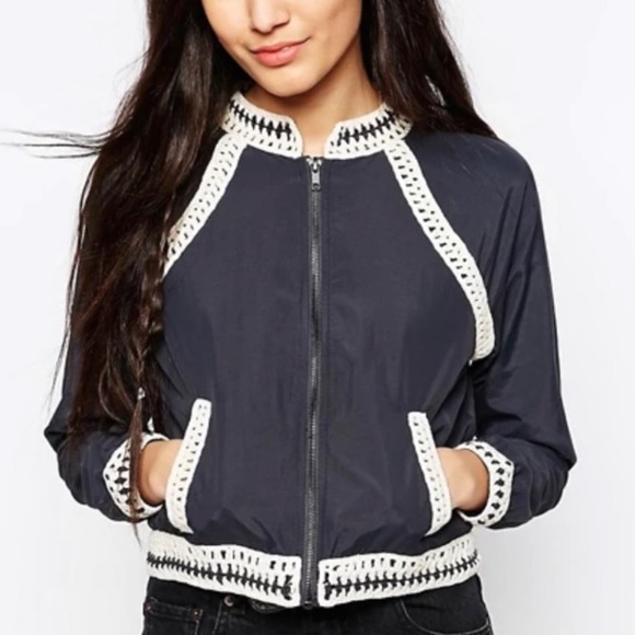 Free People Jackets \u0026 Coats | Free People Crochet Trim Bomber Jacket | Color: Blue | Size: Xs | Resilientheart's Closet